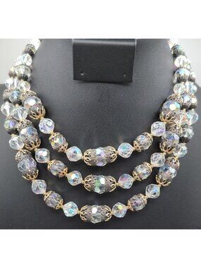 Vintage Vendome Aurora Borealis Crystal Beaded Necklace Filigree Caged  Choker